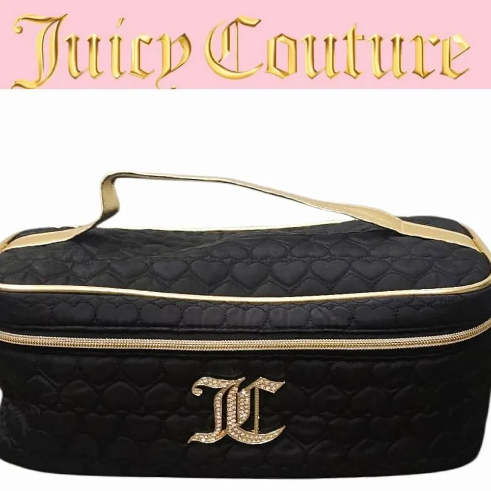 Juicy Couture Rhinestone Logo‎ Heart Quilted XL Cosmetic Case w/Brush Holder